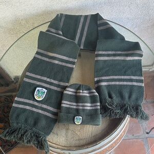 Hot Topic Green and Gray Striped Scarf and Beanie Set